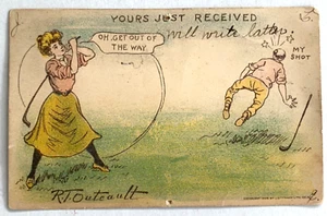 VINTAGE !!! 1906 HUMOROUS GOLF THEMED USED POSTCARD OH! GET OUT OF THE WAY C4 - Picture 1 of 2
