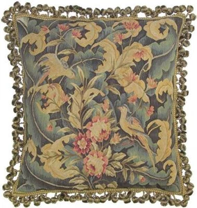 Aubusson Throw Pillow Handwoven 22x22, Yellow,Blue Birds, Pink Flowers - Picture 1 of 1