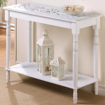 Carved Top Table White Wood Hallway Home Accent Lower Display Shelf 35x14x29" - Image 1 of 4