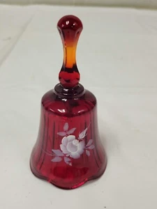 VTG 1980's Fenton Red Glass Bell Handpainted & Signed D Cutshaw Floral Flower - Bild 1 von 7