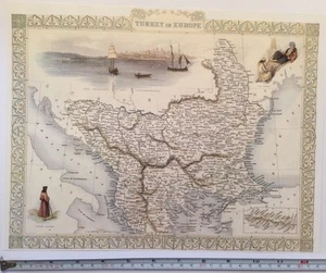 Old Antique Picture map 1800s: Turkey In Europe Constantinople, Tallis Reprint - Picture 1 of 8