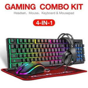 4 in 1 PC Gaming Keyboard Mouse & Headset Set RGB LED Gamer Bundle w/Mouse Pad - Picture 1 of 11