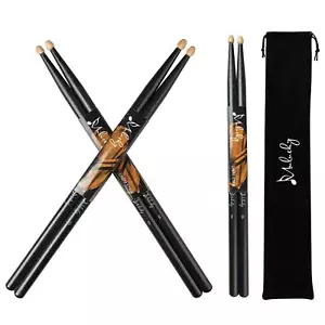 5A Drum Sticks Classic Maple Wood Drumsticks With Carrying Bag - 3 Pair Black - Picture 1 of 7