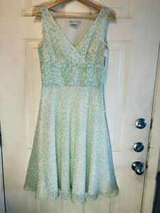 NWT MAGGY LONDON Sz 6 S 100% Silk Dress Sleeveless Fit&Flare Mint/White Petals - Picture 1 of 10
