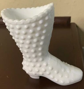 Vintage Fenton Milk Glass Hobnail High Heeled Boot Shoe Tall White Lace Up  - Picture 1 of 9