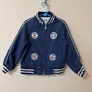 Vintage Sears Boys Navy Blue Baseball Bomber Jacket Track Coat 4 Patches Sz 5/6T - Picture 1 of 9