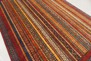 5x7 Red Turkish Shawl Striped Hand Knotted Wool Tribal Area Rug