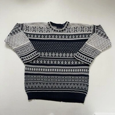 Vintage Abstract Fair Isle Pattern Jumper XL Chunky Knit Navy Cream Hippie BD439 - Image 1 of 4