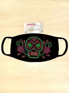 Face Mask Rhinestone Face Mask with Neon Sugar Skull, Cotton Blend, Made In USA - Picture 1 of 4