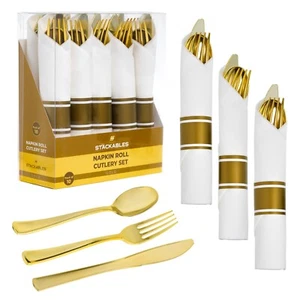 Juego de cubiertos de plástico dorado - 10 paquetes laminados y envueltos en servilleta - Imagen 1 de 6