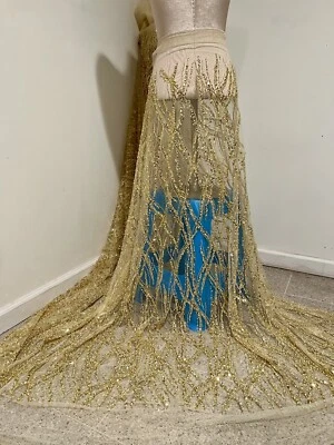 GOLD  Beaded Sequins Embroidery Bridal Lace Fabric 50” Width Sold By Yard - Image 1 of 4