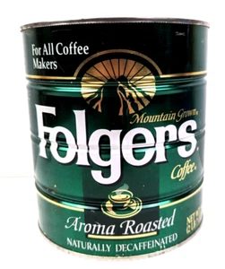 Vintage Folgers 39oz Coffee Can 2lbs Mountain Grown Aroma Roasted Decaf 6"x 6.5" - Picture 1 of 10