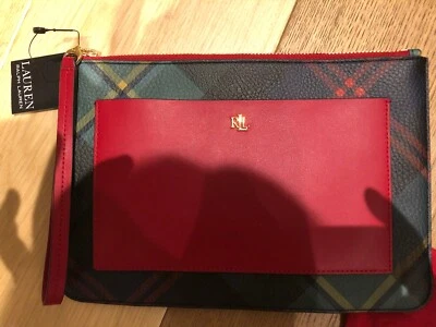 RLL RALPH LAUREN Red on Tartan Plaid Leather Clutch Wristlet Large Envelope - Image 1 of 4