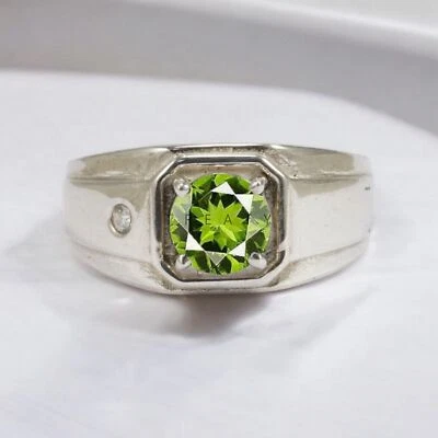 Piedras preciosas de corte redondo de peridoto con anillo de plata de ley 925 para hombre #A69 * Foto 1 de 4