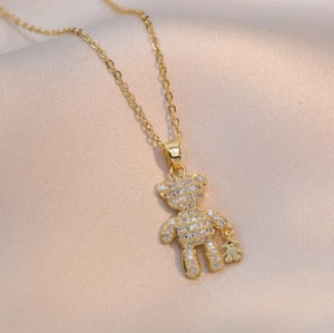 Titanium Gold Double Teddy Bear Pave Cubic Zirconia Pendant Chain Necklace - Picture 1 of 2