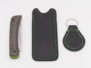 Leather EDC Knife Slip Universal Sod Buster Jr and Keyfob 4.5" x 2" Black Green - Picture 1 of 3