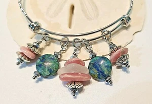 Artisan Bangle Sea Glass Rhodochrosite Tibetan Beads Hand Made Adjustable Surf - Picture 1 of 6