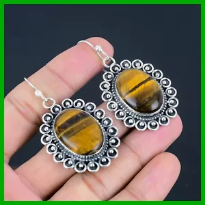 Womens day Sale Natural Tiger's Eye New Dangle Drop Earrings 925 Sterling Silver - Picture 1 of 6