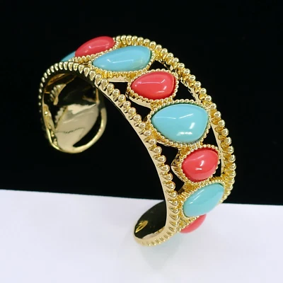 LILLY PULITZER FAUX CORAL TURQUOISE BLUE RESIN CAB GOLD-PLATED CUFF BRACELET - Image 1 of 4