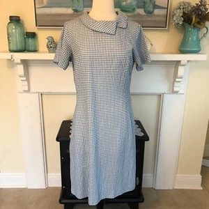 Abito vintage Devonshire M/L blu a quadri Gingham colletto dentellato anni 60 ufficio carriera - Foto 1 di 10