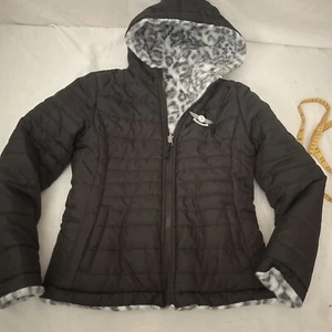 Girls S 7/8 Reversible Puffer Jacket with Hood Black And Animal Print - Picture 1 of 5