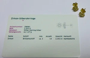 Zirkon Silberohrringe,vergoldet, JUWELO, Schmuckzertifikat, Brillantschliff - Bild 1 von 3