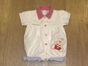 Vintage Teddy Love Baby Girl/Boy Romper~ White Sh. Sleeve~ Red Blue Gingham~ 3M - Picture 1 of 8