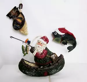 3 Weihnachtsschmuck zum Thema Angeln Weihnachtsmann im Kanu Netz mit Fisch Weihnachtsfisch - Bild 1 von 5