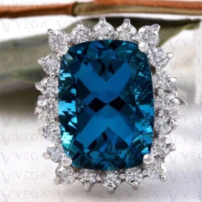 6.90carat Cushion Cut Natural Topaz Gemstones Diamond Ring 18K White Gold Plated - Image 1 of 4