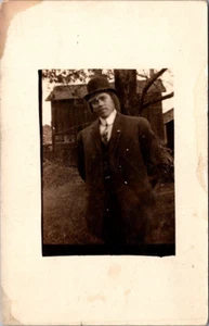 Man in Bowler Hat and Suit RPPC Postcard - Imagen 1 de 2