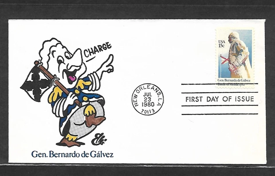 USA HAND PAINTED GEN BERNARDO DE GALV 1980 RICH ELLIS ANIMATED FDC + CACHET - Image 1 of 1