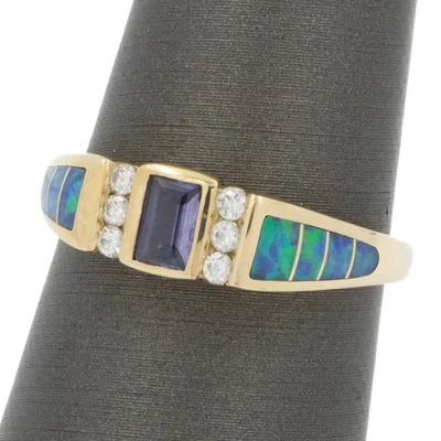 Anillo Kabana Oro Amarillo 14k Tanzanita Diamante Azul Verde Ópalo Talla 7.25 #JB508-5 Foto 1 de 4