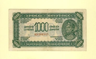 YUGOSLAVIA 1000 DINARA 1944 P-55b VF++ Serial: БЗ RARE Xugoslavian print - Image 1 of 2