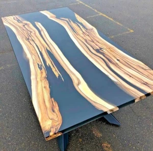 Solid Black & Midian Walnut Epoxy Resin Table Top – Handmade Designer Wood Table - Picture 1 of 8