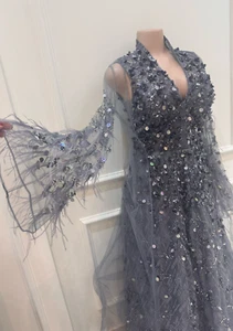 Vestido de noche gris con cuentas usado y chaqueta de chifón talla 42 elegante vestido formal - Imagen 1 de 16