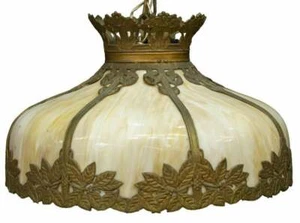 Antique Lamp, Hanging, Slag Glass, Chandelier, Foliated Frame, American !! - Picture 1 of 4