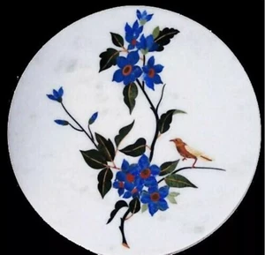 18" White Marble Center Table Top Lapis Inlay Floral Work Bird Design Home Decor - Picture 1 of 7