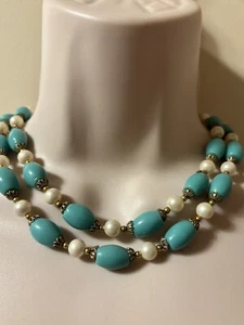 Vintage TRIFARI 14” Faux Pearl Turquoise Cabochon Choker Necklace Gold Tone - Picture 1 of 12