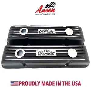 Small Block Chevy 383 Chevrolet Finned Black Valve Covers - Engraved Logo- Ansen - Picture 1 of 7