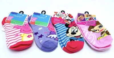 Nuevo 4 pares de calcetines para niñas Minnie Mouse princesa Belle Peppa Pig talla 4-6 niño pequeño Foto 1 de 3