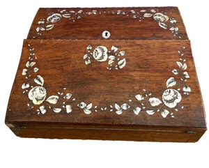 Antique Wood With Mother Of Pearl Inlayed Floral Design Traveling Desk - 1800's - Picture 1 of 15