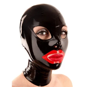 Latex Gummi Hood Red Lips Rubber Mask Back Zipper Fetish BDSM Club Wear Cosplay - Picture 1 of 9