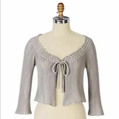Sparrow Cardigan Sweater S Gray Purple White Ribbed Smocking Drawstring Tie  - Image 1 of 4