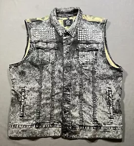 Vtg LRG Lifted Research Group Vest Mens 4XL Black Acid Wash Denim Camo Studded - Picture 1 of 11
