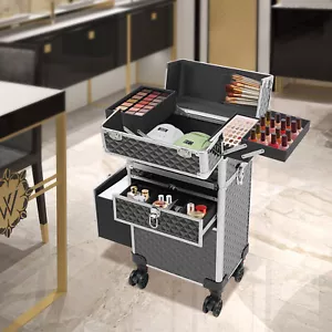Rolling Makeup Case Travel Cosmetic Storage Box,Moving Salon Beauty Trolley Case - Picture 1 of 23