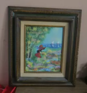 Enamel on Copper Art Painting Girl Sailboat Seaside Signed Cardin 8"x10" Framed - Picture 1 of 9