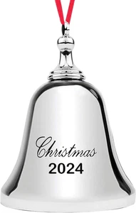 2024 Christmas Ornament - Elegant Silver Christmas Bell Ornament 2024 with Red R - Picture 1 of 12