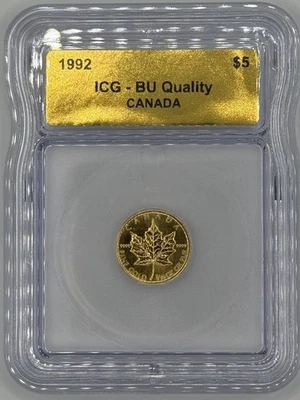 1992 Gold Canadian Maple $5 (1/10th oz Gold) - ICG BU Quality  - Image 1 of 2