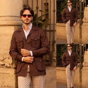 Brown Mens Safari Jacket Casual Leisure Blazer British Style Hunting Jacket Coat - Picture 1 of 19