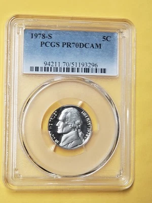 1978 S 5C JEFFERSON NICKEL GRADED PCGS AS PR70 DCAM "GEM" MB 5425 1 of 745 - Image 1 of 2